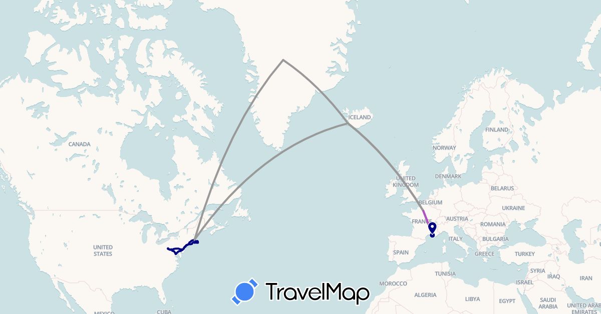 TravelMap itinerary: driving, plane, train in France, Greenland, Iceland, United States (Europe, North America)