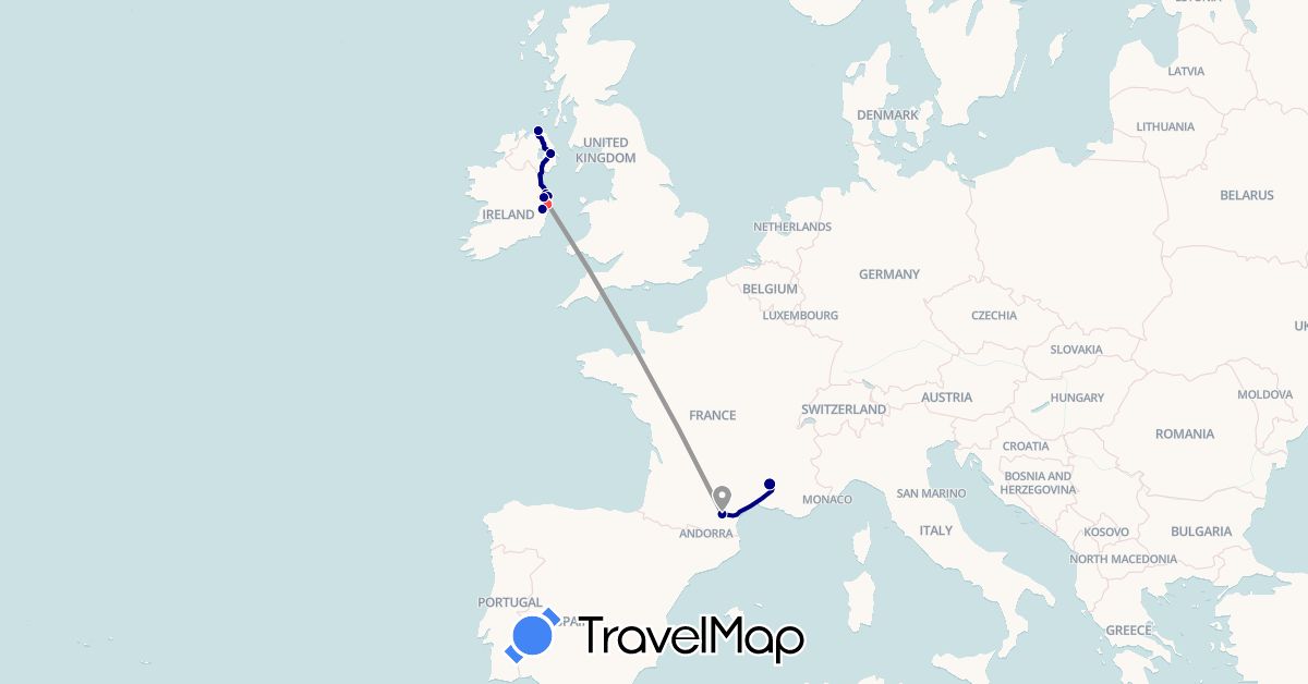 TravelMap itinerary: driving, plane, hiking in France, United Kingdom, Ireland (Europe)