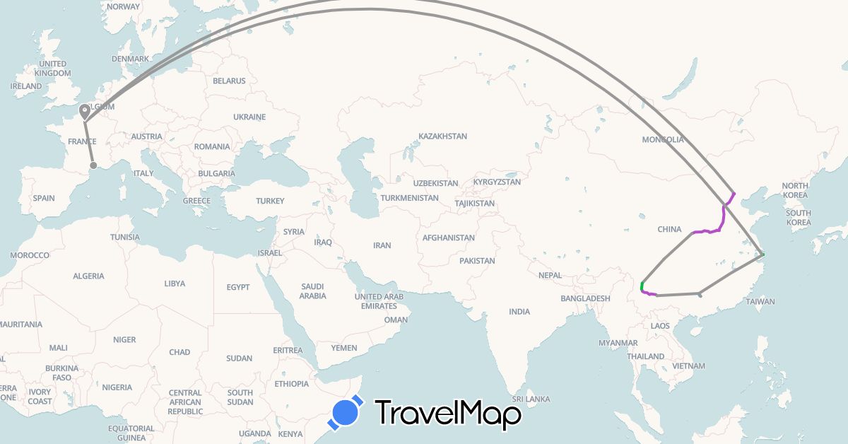 TravelMap itinerary: bus, plane, train, boat in China, France (Asia, Europe)