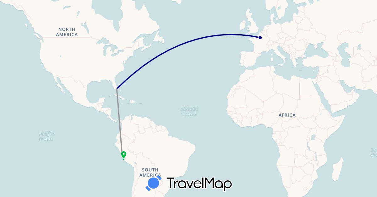 TravelMap itinerary: driving, bus, plane, boat in France, Peru, United States (Europe, North America, South America)