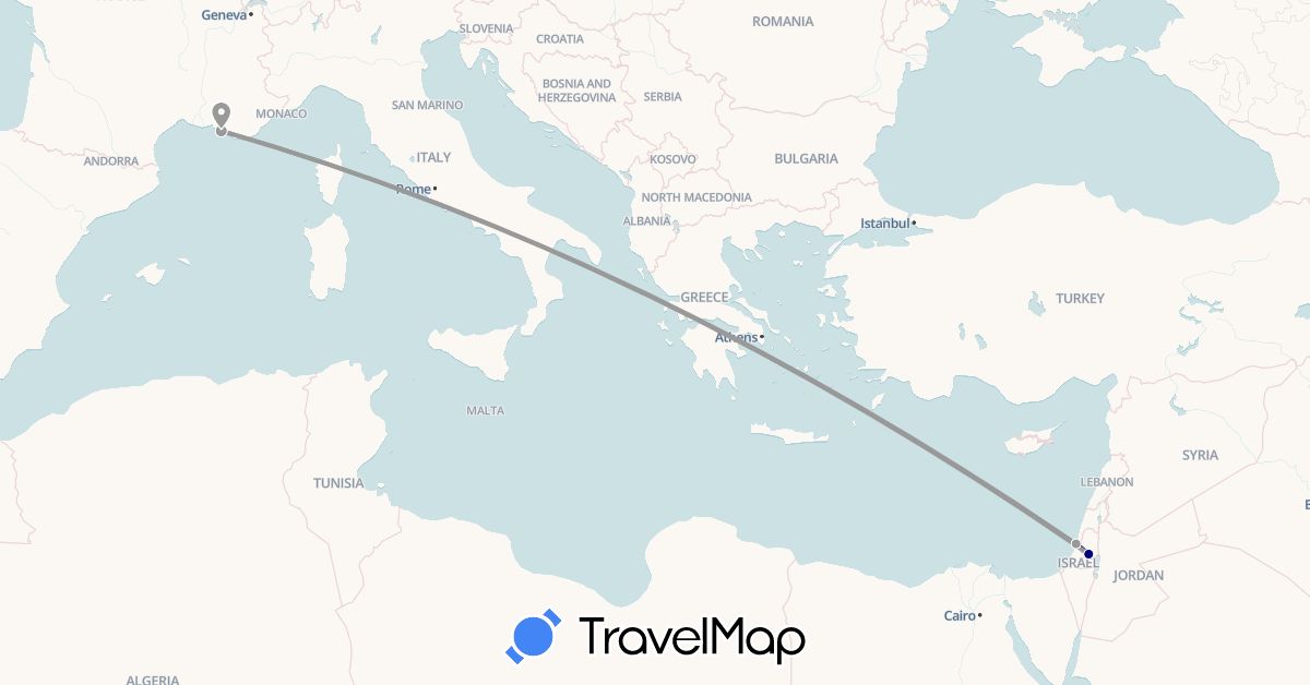 TravelMap itinerary: driving, plane in France, Israel (Asia, Europe)